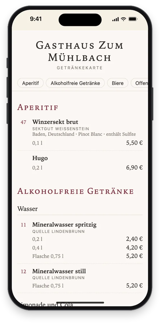 Die Getränkekarte des Gasthauses Zum Mühlbach im Netz, so wie Gäste sie am Handy sehen