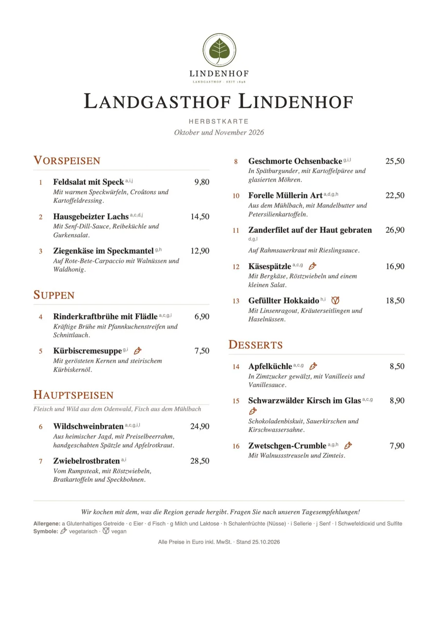 Die gedruckte Herbstkarte des Landgasthofs Lindenhof mit Vorspeisen, Suppen, Hauptspeisen und Desserts