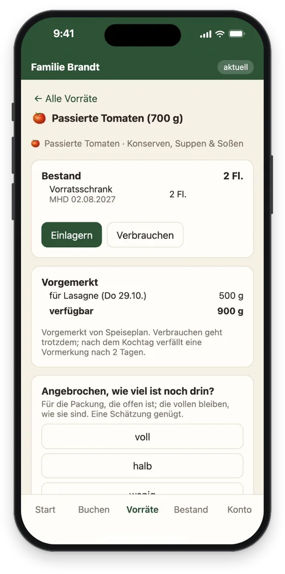 Passierte Tomaten mit Bestand, MHD und einer Vormerkung von Speiseplan für die Lasagne am Donnerstag